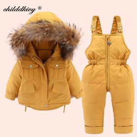 2pcs Set Baby Girl winter down jacket and jumpsuit for children Thicken Warm fur collar jacket for girls Infant snowsuit 0-4Year (Color: yellow, size: 3 años)