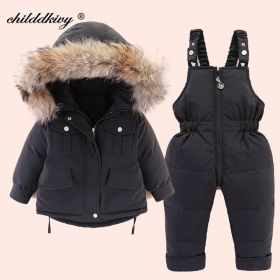 2pcs Set Baby Girl winter down jacket and jumpsuit for children Thicken Warm fur collar jacket for girls Infant snowsuit 0-4Year (Color: Black, size: 12 meses)