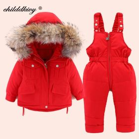 2pcs Set Baby Girl winter down jacket and jumpsuit for children Thicken Warm fur collar jacket for girls Infant snowsuit 0-4Year (Color: Red, size: 18-24M)