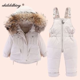 2pcs Set Baby Girl winter down jacket and jumpsuit for children Thicken Warm fur collar jacket for girls Infant snowsuit 0-4Year (Color: Beige, size: 3 años)