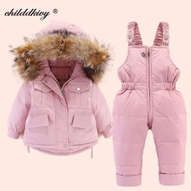 2pcs Set Baby Girl winter down jacket and jumpsuit for children Thicken Warm fur collar jacket for girls Infant snowsuit 0-4Year (Color: Pink, size: 4T)